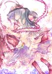  bad_id bad_pixiv_id blue_hair food fruit hat hinanawi_tenshi kasuga_sunao long_hair multiple_girls nagae_iku peach purple_hair ribbon short_hair touhou 