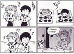  1girl 4koma comic dance_pad greyscale ikari_shinji isutoshi lowres male_masturbation masturbation monochrome neon_genesis_evangelion parody souryuu_asuka_langley translated 