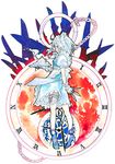  analog_clock between_fingers braid chain clock from_behind full_body high_heels izayoi_sakuya knife roman_numerals short_hair silver_hair solo sora_tokumo steam teapot touhou tray twin_braids white_background 