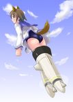  ass brown_hair cloud day flying miyafuji_yoshika sky smile solo strike_witches striker_unit toshifumi world_witches_series 