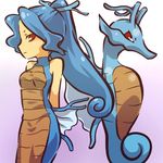  bare_shoulders blue_hair dragon dress gen_2_pokemon hair_ribbon hitec kingdra long_hair moemon personification pokemon pokemon_(creature) ponytail red_eyes ribbon simple_background sleeveless sleeveless_turtleneck turtleneck 