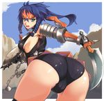  :o angry aqua_eyes armor armpits ass bangs bent_over black_gloves blue_hair boyshorts braid breasts chain cliff cloud day fighting_stance forehead_protector foreshortening from_behind gloves headband hijiri holding kuroobi_(armor) long_hair looking_at_viewer looking_back medium_breasts monster_hunter no_bra open_mouth outdoors ponytail shield shorts sideboob sky solo spikes strap striped sword thighhighs twin_braids weapon 