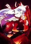  bad_id bad_pixiv_id bangs fire fujiwara_no_mokou fuurisuto hair_ribbon long_hair red_eyes ribbon silver_hair solo touhou 