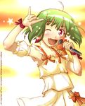  :d \m/ blouse green_hair macross macross_frontier nyazui one_eye_closed open_mouth ranka_lee red_eyes seikan_hikou smile solo 