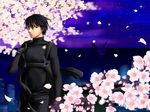  artist_request black_eyes black_hair bodysuit cherry_blossoms closed_mouth cowboy_shot darker_than_black hei looking_at_viewer male_focus petals plant smile solo standing tree uniform 