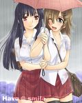  higashiyama_hayato holding_hands lowres multiple_girls original school_uniform shared_umbrella thighhighs umbrella watermark wet wet_clothes 
