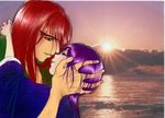 1girl abarai_renji bleach caress couple hetero kuchiki_rukia long_hair purple_hair red_hair smile sunset 
