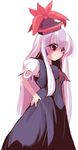  blue_dress blush dress hand_on_hip hat kamishirasawa_keine long_hair multicolored_hair puffy_short_sleeves puffy_sleeves purple_hair red_eyes short_sleeves simple_background solo touhou usoneko very_long_hair white_background white_hair 