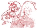  bow closed_mouth cowboy_shot frilled_sleeves frills hair_between_eyes hat hat_bow himeno_suika long_skirt long_sleeves looking_at_viewer magic medium_hair monochrome nagae_iku red shawl simple_background skirt smile solo standing touhou white_background 