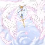  artist_request dress feathered_wings feathers flying full_body long_skirt long_sleeves lyrical_nanoha magical_girl mahou_shoujo_lyrical_nanoha_strikers multiple_wings puffy_sleeves silver_hair skirt solo takamachi_nanoha twintails underwear white_dress white_wings wings 
