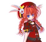  beret blue_eyes bunny_hair_ornament cross_print dress frills hair_ornament hat long_hair looking_at_viewer lyrical_nanoha mahou_shoujo_lyrical_nanoha mahou_shoujo_lyrical_nanoha_a's puffy_short_sleeves puffy_sleeves red_dress red_hair sakuya_tsuitachi short_sleeves simple_background solo twintails vita white_background 