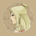  artist_request blonde_hair brown_background circlet closed_mouth earrings expressionless final_fantasy final_fantasy_iv from_side gem green_eyes hair_bun jewelry lips long_hair lowres profile rosa_farrell simple_background solo upper_body 
