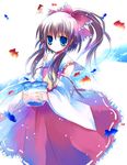  ascot blue_eyes blush brown_hair collar detached_sleeves dress hakurei_reimu long_sleeves looking_at_viewer ponytail red_dress sidelocks simple_background solo suzushiro_kurumi tareme touhou white_background 