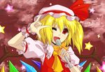  ;d \m/ blonde_hair bow crystal flandre_scarlet hat hat_ribbon macross macross_frontier microphone music one_eye_closed open_mouth parody red_eyes ribbon seikan_hikou short_hair singing smile solo star touhou wings wrist_cuffs yomegane 