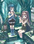  barefoot bird blue_eyes blue_hair boots cape cigarette flute forest highres instrument multiple_girls naox nature original recorder red_hair ruins shorts sitting skirt smoking soaking_feet water when_you_see_it 