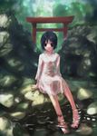  absurdres barefoot black_hair feet highres nyonsuke original red_eyes short_hair soaking_feet solo torii water wet 