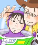  artist_request buzz_lightyear cosplay cowboy cowboy_hat crossover fullmetal_alchemist glasses hat lowres maes_hughes male_focus multiple_boys oekaki parody roy_mustang sheriff_woody source_request toy_story western 