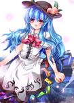  aquamarine blue_hair food fruit hat hinanawi_tenshi holding holding_food holding_fruit long_hair peach ribbon solo touhou 