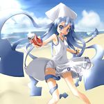  beach blue_eyes blue_hair cloud day hat hato_haru ikamusume long_hair ocean open_mouth outdoors sand shinryaku!_ikamusume sky solo very_long_hair water 