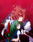  blue_eyes flower fuji_tooya green_hair hug multiple_girls onozuka_komachi red_eyes red_hair shiki_eiki spider_lily touhou 