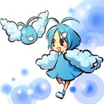  :d antenna_hair bird blue blue_hair blush_stickers child cloud dress gen_3_pokemon hair_ornament hairclip hairpin hitec moemon open_mouth personification pokemon pokemon_(creature) running short_hair simple_background smile socks swablu wings 