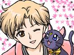  bishoujo_senshi_sailor_moon blue_eyes blush brown_eyes cat couple lowres luna_(sailor_moon) male_focus oekaki ribbon solo wink 