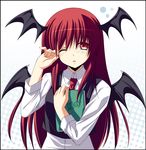  bat_wings book demon_girl head_wings koakuma long_hair necktie one_eye_closed red_eyes red_hair red_neckwear solo sweater_vest touhou vest wings zinno 