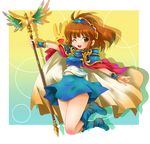  aqua_background arle_nadja armor armored_dress bad_id bad_pixiv_id bangs belt blue_skirt blunt_bangs boots brown_hair cape carbuncle_(puyopuyo) gradient gradient_background madou_monogatari michii_yuuki navel one_eye_closed open_mouth puyopuyo shoulder_pads skirt staff yellow_background yellow_eyes 