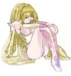  blonde_hair boots breasts cape circlet detached_sleeves fahrenheit final_fantasy final_fantasy_iv full_body large_breasts leg_hug legs looking_back pantyhose ponytail purple_eyes rosa_farrell sitting solo thighs white_background 