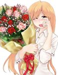  baby's-breath blonde_hair bouquet flower jewelry long_hair looking_at_viewer medici-ke_(gihhl.lx7e) one_eye_closed open_mouth original pink_flower pink_rose red_flower red_rose ring rose shirt solo tears white_background white_shirt wiping_tears 