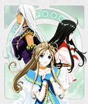  90s aa_megami-sama art_nouveau belldandy black_hair blue_eyes bracelet brown_eyes brown_hair earrings elbow_gloves facial_mark forehead_mark fujishima_kousuke gloves jewelry long_hair multiple_girls non-web_source purple_eyes ring skuld urd white_hair 