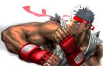  angry dark_skin dark_skinned_male fighting_stance fingerless_gloves frown gloves grey_eyes grey_hair hands headband male_focus muscle ryuu_(street_fighter) simple_background sleeveless solo street_fighter torn_clothes yasuda_akira 