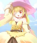  bare_shoulders blonde_hair blush detached_sleeves dress emurin fantasy_earth_zero hat one_eye_closed red_eyes solo witch_hat 