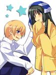  1girl :o black_hair blonde_hair blue_eyes blush brown_eyes clannad highres ibuki_fuuko long_hair long_sleeves open_mouth profile raincoat satomi_yoshitaka shirt simple_background sleeves_past_fingers sleeves_past_wrists squatting standing sunohara_youhei sweatdrop towel white_background white_shirt 