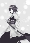  greyscale holding japanese_clothes kimono looking_at_viewer monochrome onozuka_komachi paddle ruit sash short_hair solo standing touhou two_side_up 