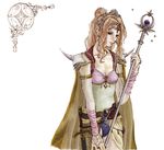  armor artist_request bandaged_arm bandages belt blue_eyes breasts brown_cape brown_hair cape cleavage closed_mouth collarbone cowboy_shot expressionless final_fantasy final_fantasy_iv forehead_jewel holding holding_staff lips long_hair looking_at_viewer lowres rosa_farrell sheath sheathed shoulder_spikes simple_background small_breasts solo spikes staff standing sword tiara wavy_hair weapon white_background 