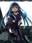  :d backlighting black_legwear blue_hair choker collar dress earrings elbow_gloves gloves hand_on_hip highres jewelry long_hair looking_at_viewer open_mouth original purple_eyes red_eyes smile solo thighhighs wading water yodobashi_yuo 