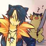  ? amulet animal_ears blue_hair final_fantasy final_fantasy_viii gen_2_pokemon gunblade hair_over_one_eye hitec male_focus moemon parody personification pokemon pokemon_(creature) red_eyes scar simple_background squall_leonhart sword typhlosion weapon 