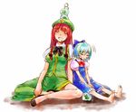  barefoot blue_hair blush_stickers bow bowtie braid chinese_clothes cirno drooling feet frog frozen frozen_frog hair_bow hat hong_meiling indian_style long_hair matilda multiple_girls object_on_head red_hair short_hair sitting sleeping touhou twin_braids v_arms 