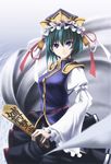  bad_id bad_pixiv_id futami_kito green_hair hat highres ribbon rod_of_remorse shiki_eiki short_hair solo touhou 