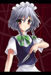  braid eikichi_(mujirushi_shounen) izayoi_sakuya knife short_hair silver_hair solo touhou twin_braids 