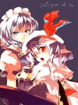  :o blue_dress braid dress engrish frills izayoi_sakuya looking_at_viewer maid_headdress multiple_girls open_mouth pointy_ears puffy_short_sleeves puffy_sleeves ranguage red_eyes remilia_scarlet short_hair short_sleeves shunsei_(muratou) silver_hair touhou twin_braids white_dress 