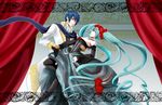  1girl bare_shoulders blue_hair cantarella_(vocaloid) choker dancing detached_sleeves dress hatsune_miku kaito kikuchi_mataha long_hair thighhighs twintails vocaloid 