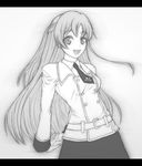  :d code_geass greyscale long_hair monochrome open_mouth school_uniform shirley_fenette shouhei smile solo 