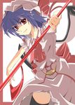  blue_hair fang hat polearm remilia_scarlet ribbon shin'ya_(nanp) short_hair solo spear spear_the_gungnir thighhighs touhou weapon wings 