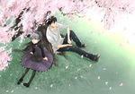  1girl animal arm_support bad_id bad_pixiv_id black_cat black_hair black_legwear cat cherry_blossoms darker_than_black dress eye_(sky) flower from_above hei looking_up mao_(darker_than_black) pantyhose petals ponytail purple_dress silver_hair sitting sleeping tree yin 