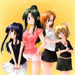  alternate_hairstyle asatana blonde_hair blue_eyes blue_hair blush breasts cleavage collarbone contemporary dress furude_rika green_eyes green_hair grin hand_on_another's_head hand_on_hip hands_clasped higurashi_no_naku_koro_ni houjou_satoko large_breasts long_hair medium_breasts miniskirt multiple_girls one_eye_closed orange_hair own_hands_together pencil_skirt ponytail red_eyes ryuuguu_rena short_hair skirt smile sonozaki_mion standing v_arms 