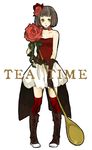  :o bare_shoulders boots brown_eyes brown_hair buzz choker dress flower gloves holding holding_spoon original oversized_object red_flower red_rose rose short_hair solo spoon striped striped_legwear thighhighs 