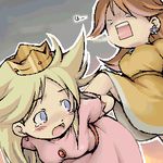  2girls angry blonde_hair blue_eyes brown_hair crown daisy dress femdom long_hair lowres mario_(series) multiple_girls nintendo open_mouth peach pink_dress princess_daisy princess_peach super_mario_bros. super_mario_land yellow_dress yuri 