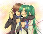  1girl artist_request couple hetero higurashi_no_naku_koro_ni hug maebara_keiichi scarf sonozaki_mion 